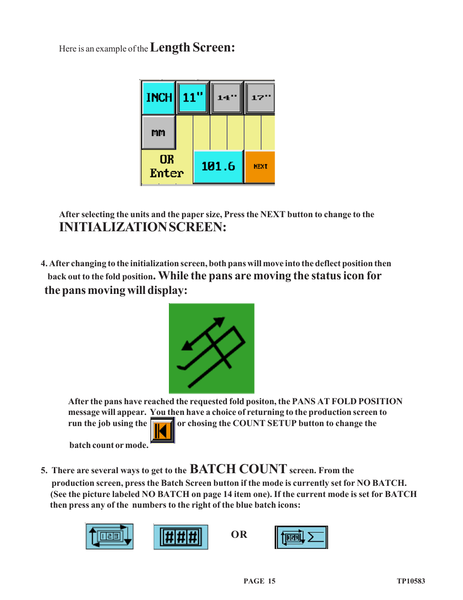Tp10583c_english_p15, Length screen, Initialization screen | Batch count | Baumfolder 714XA User Manual | Page 18 / 49
