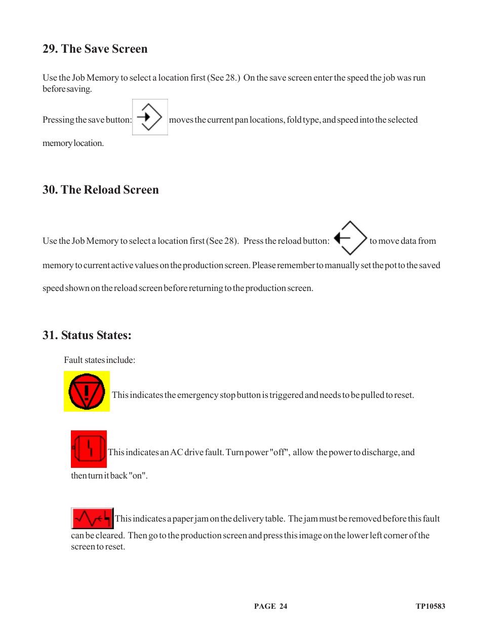 Tp10583c_english_p24, The save screen, The reload screen | Status states | Baumfolder 714XA User Manual | Page 27 / 49