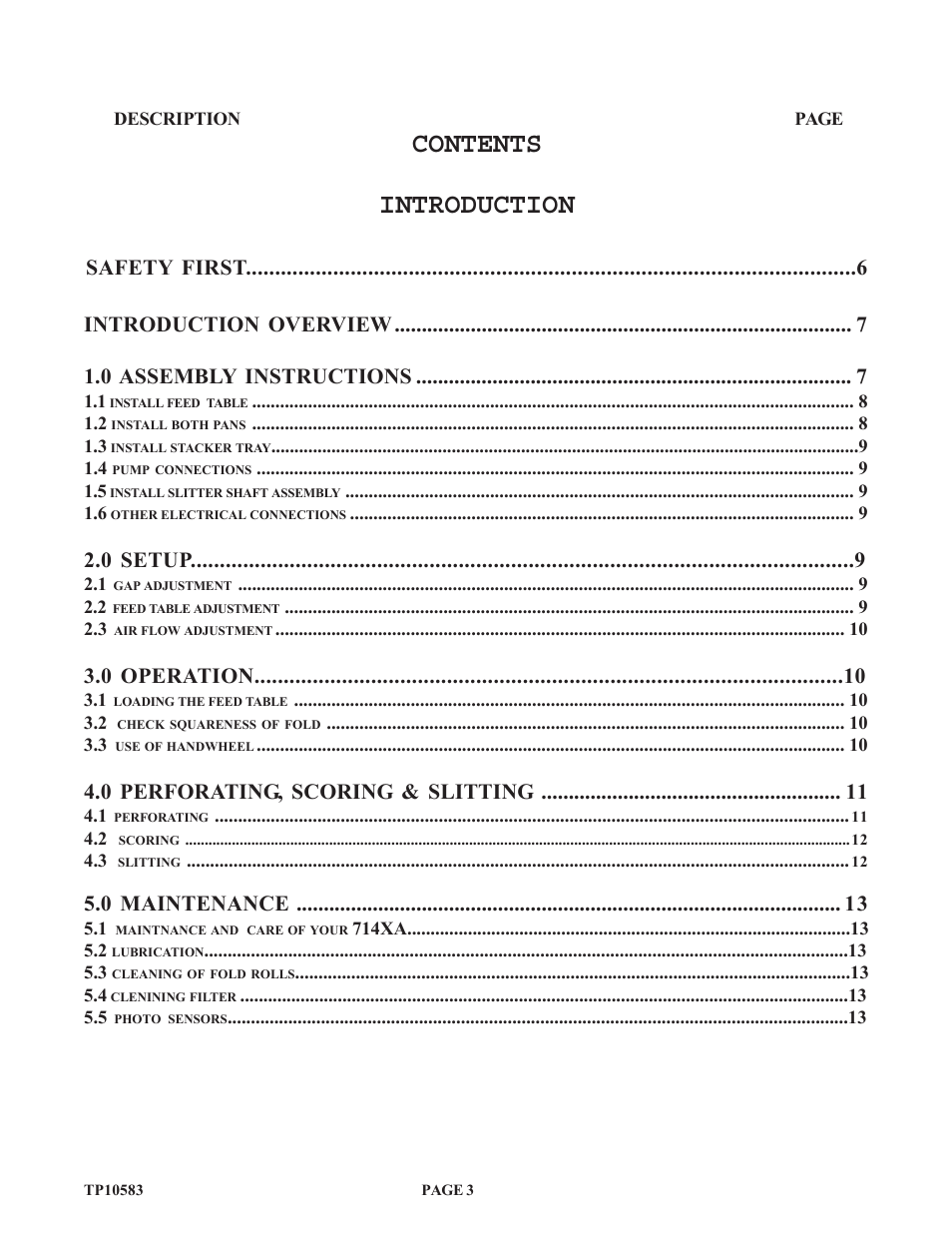 Contents introduction, 0 setup, 0 operation | 0 perforating, scoring & slitting, 0 maintenance | Baumfolder 714XA User Manual | Page 3 / 49