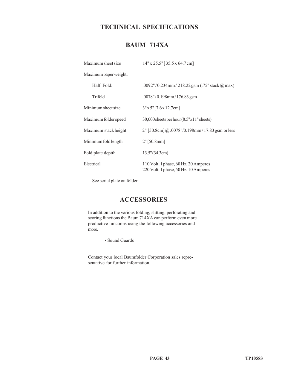 Tp10583c_english_p43-46, Technical specifications baum 714xa, Accessories | Baumfolder 714XA User Manual | Page 46 / 49
