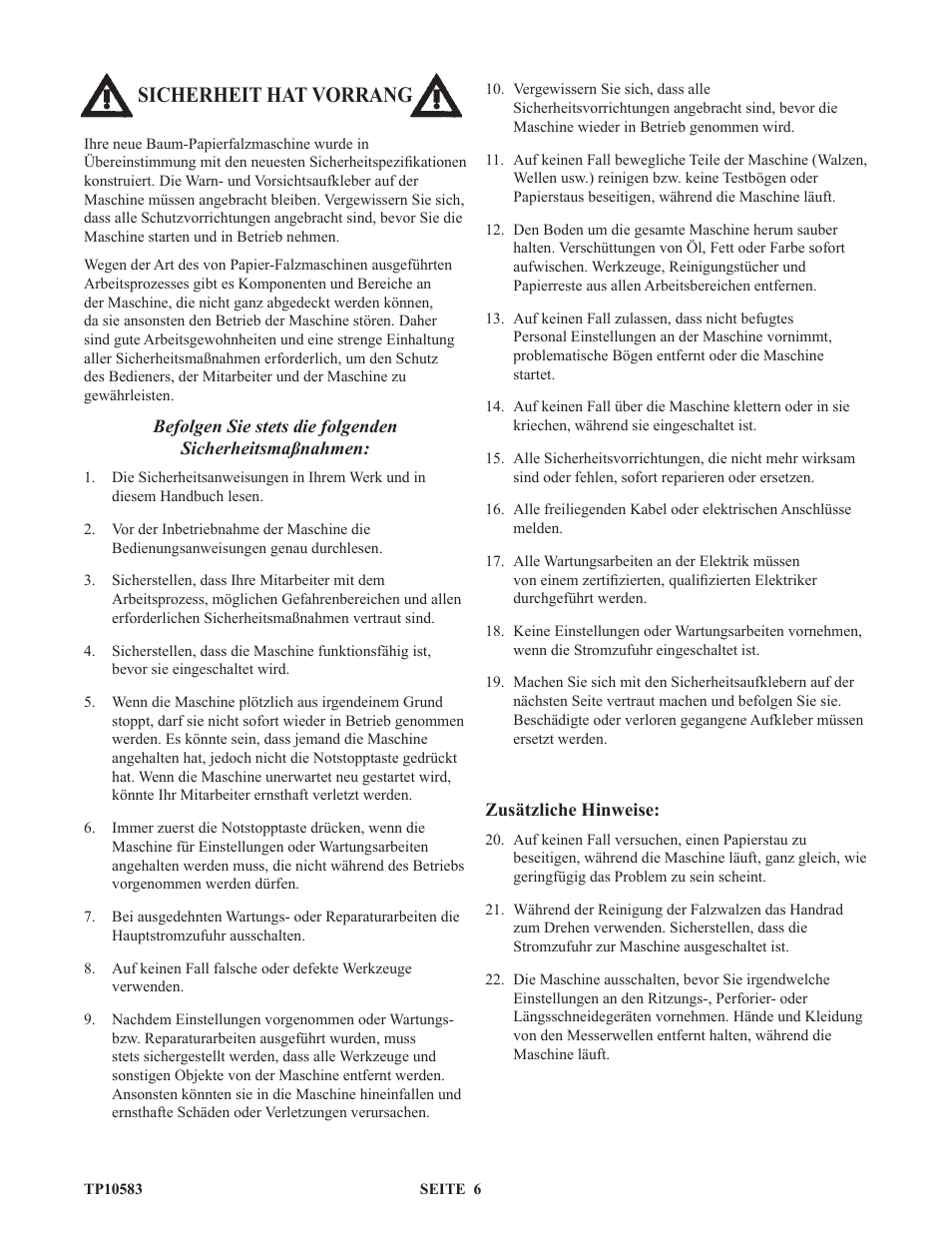 Sicherheit hat vorrang | Baumfolder 714XA User Manual | Page 9 / 49