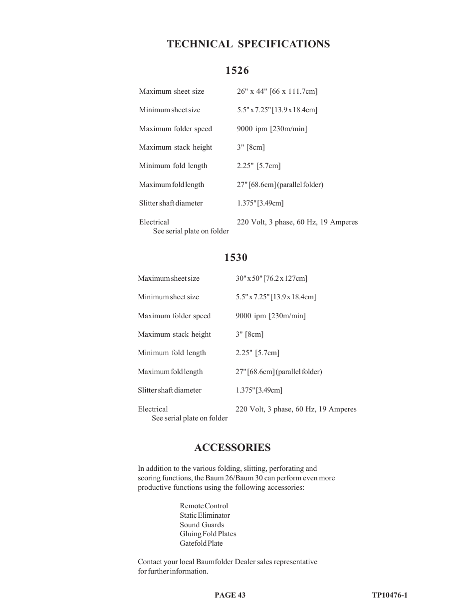 Technical specifications 1526, Accessories | Baumfolder BAUM 26_30: Folder 1st Station Contfeed User Manual | Page 43 / 46