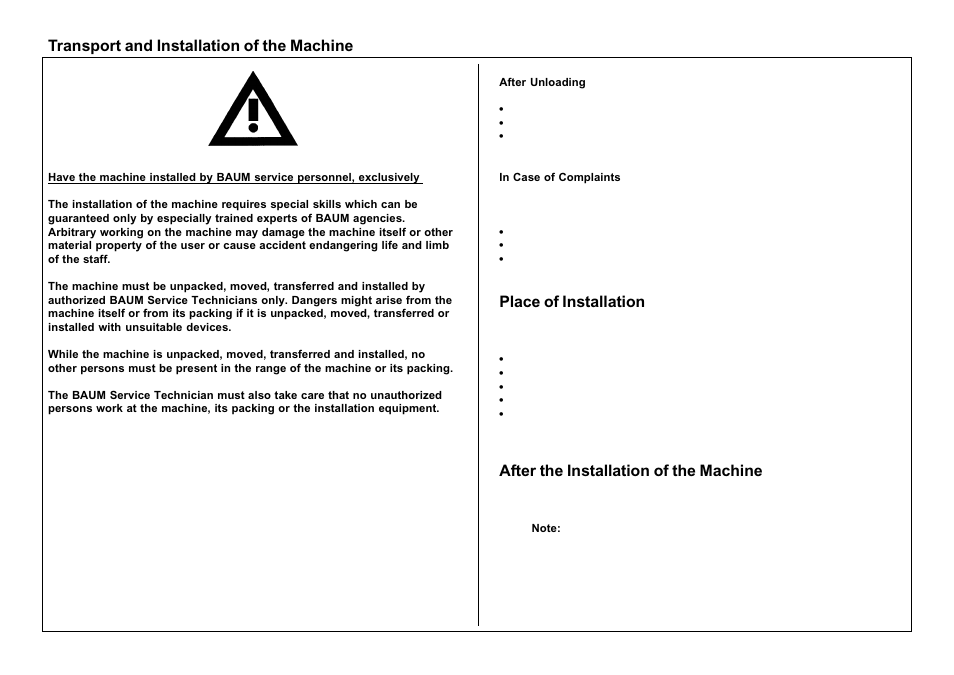 Transport and installation of the machine, Place of installation, After the installation of the machine | Baumfolder BaumCut 26.4 (For serials 69H1122 thru 76D1132) User Manual | Page 12 / 98