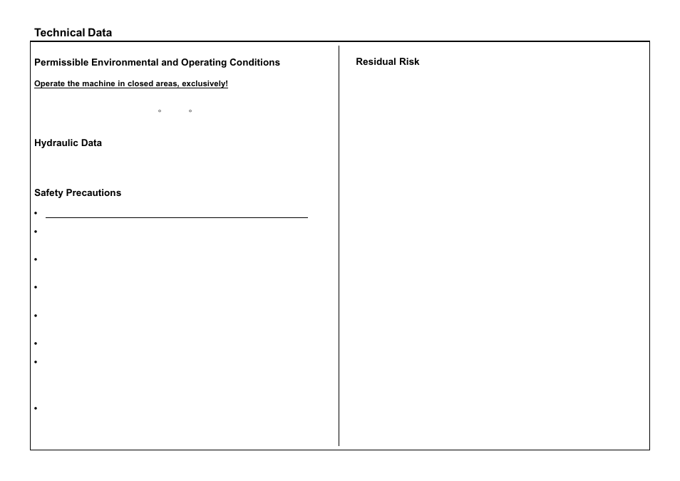 Technical data, Permissible environmental and operating conditions, Hydraulic data | Safety precautions, Residual risk | Baumfolder BaumCut 26.4 (For serials 69H1122 thru 76D1132) User Manual | Page 17 / 98