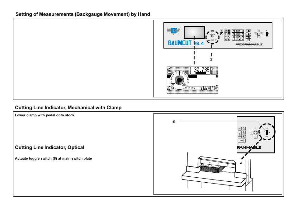 Cutting line indicator, mechanical with clamp, Cutting line indicator, optical | Baumfolder BaumCut 26.4 (For serials 69H1122 thru 76D1132) User Manual | Page 28 / 98