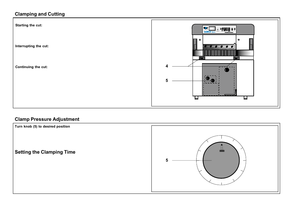 Clamp pressure adjustment, Setting the clamping time, Clamping and cutting | Baumfolder BaumCut 26.4 (For serials 69H1122 thru 76D1132) User Manual | Page 29 / 98
