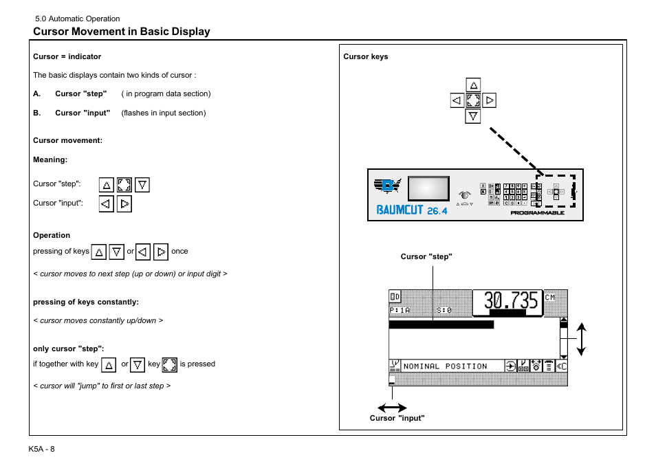 Cursor movement in basic display | Baumfolder BaumCut 26.4 (For serials 69H1122 thru 76D1132) User Manual | Page 40 / 98
