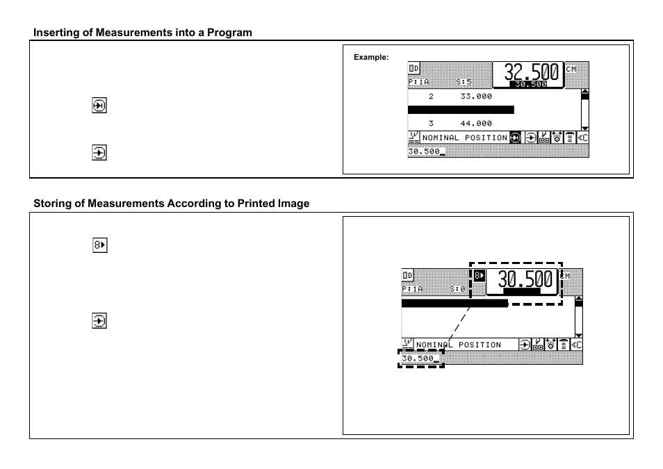 Inserting of measurements into a program, Storing of measurements according to printed image | Baumfolder BaumCut 26.4 (For serials 69H1122 thru 76D1132) User Manual | Page 56 / 98