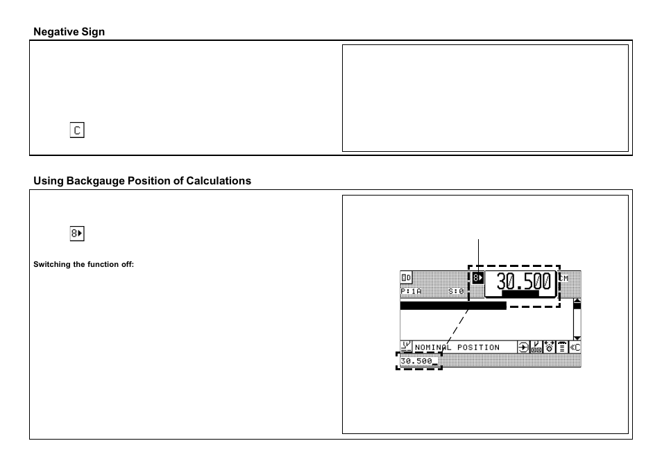 Negative sign, Using backgauge position of calculations | Baumfolder BaumCut 26.4 (For serials 69H1122 thru 76D1132) User Manual | Page 58 / 98