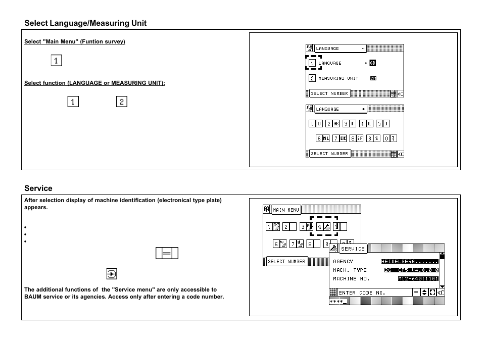 Service, Select language/measuring unit | Baumfolder BaumCut 26.4 (For serials 69H1122 thru 76D1132) User Manual | Page 61 / 98