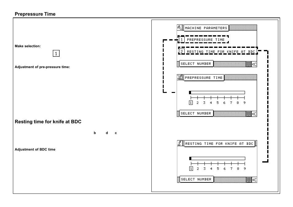 Prepressure time, Resting time for knife at bdc | Baumfolder BaumCut 26.4 (For serials 69H1122 thru 76D1132) User Manual | Page 84 / 98