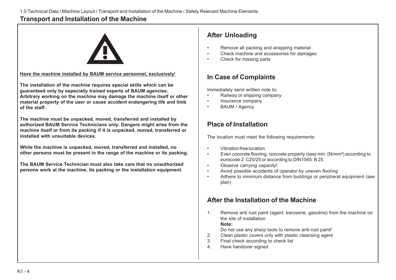 Place of installation, After the installation of the machine | Baumfolder BaumCut 26.4 (For serials 78D1001 thru 78D1100) User Manual | Page 12 / 104