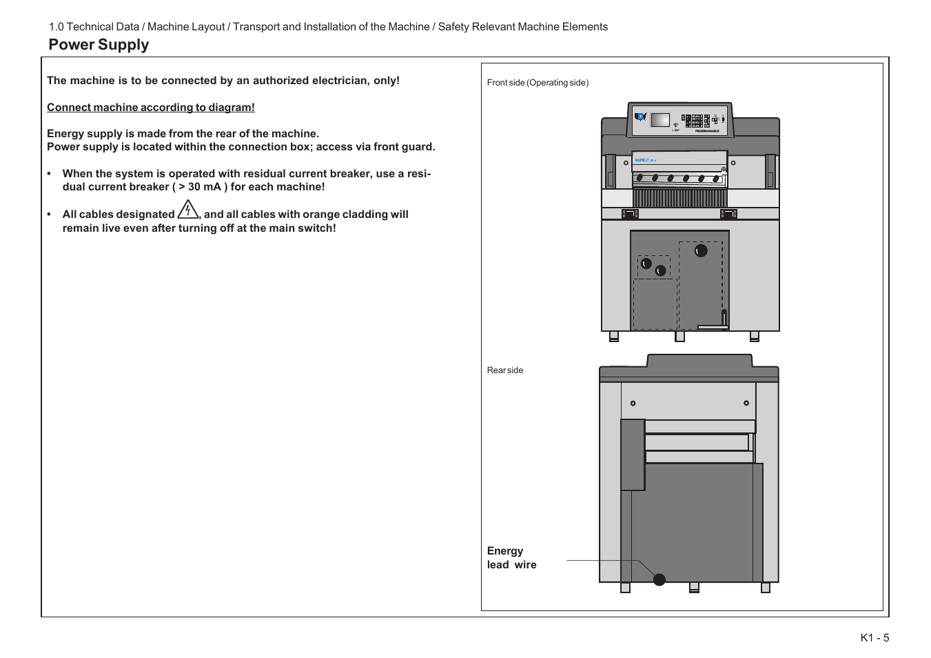 Power supply | Baumfolder BaumCut 26.4 (For serials 78D1001 thru 78D1100) User Manual | Page 13 / 104