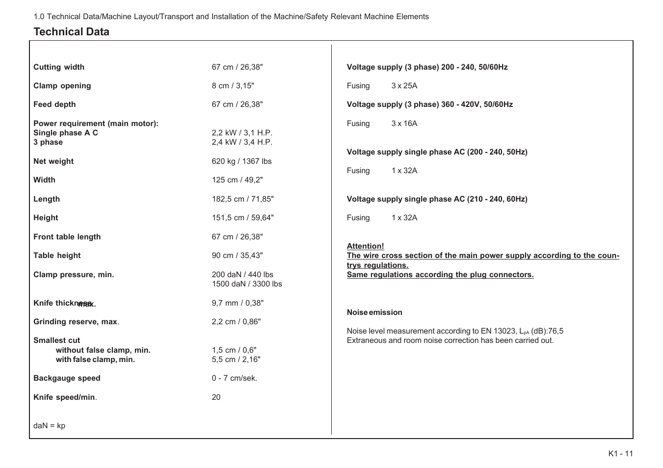 Technical data | Baumfolder BaumCut 26.4 (For serials 78D1001 thru 78D1100) User Manual | Page 19 / 104