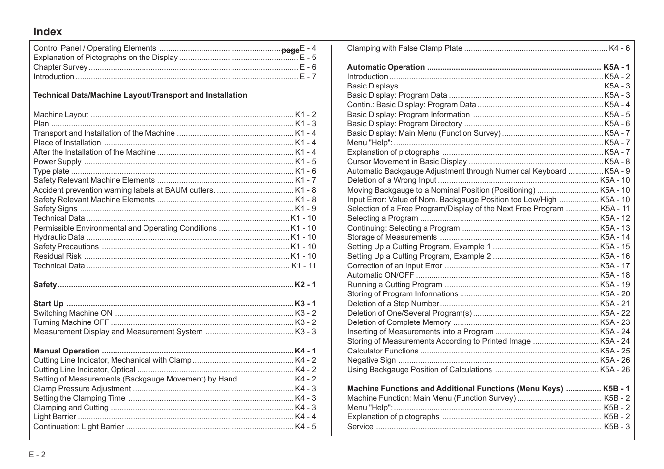 Index | Baumfolder BaumCut 26.4 (For serials 78D1001 thru 78D1100) User Manual | Page 2 / 104