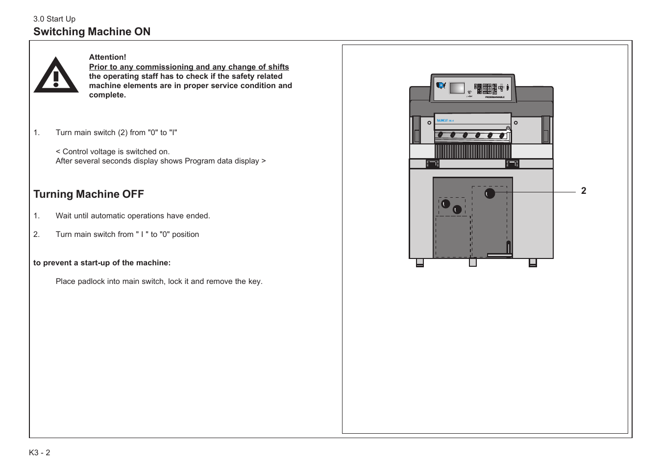 Switching machine on, Turning machine off | Baumfolder BaumCut 26.4 (For serials 78D1001 thru 78D1100) User Manual | Page 26 / 104