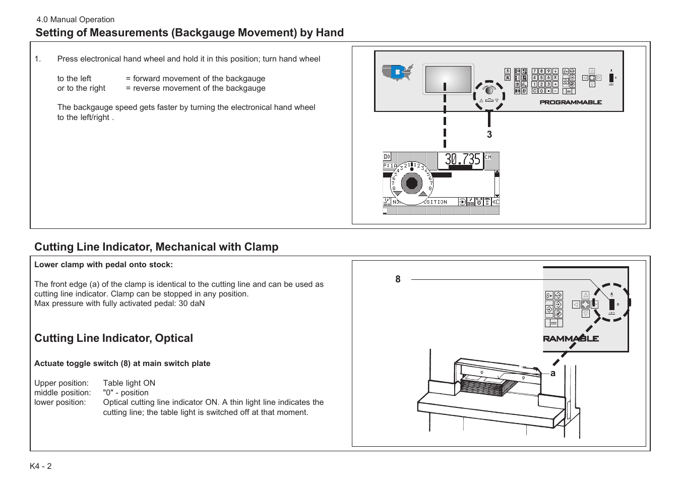 Cutting line indicator, mechanical with clamp, Cutting line indicator, optical, Rammable programmable | Baumfolder BaumCut 26.4 (For serials 78D1001 thru 78D1100) User Manual | Page 30 / 104