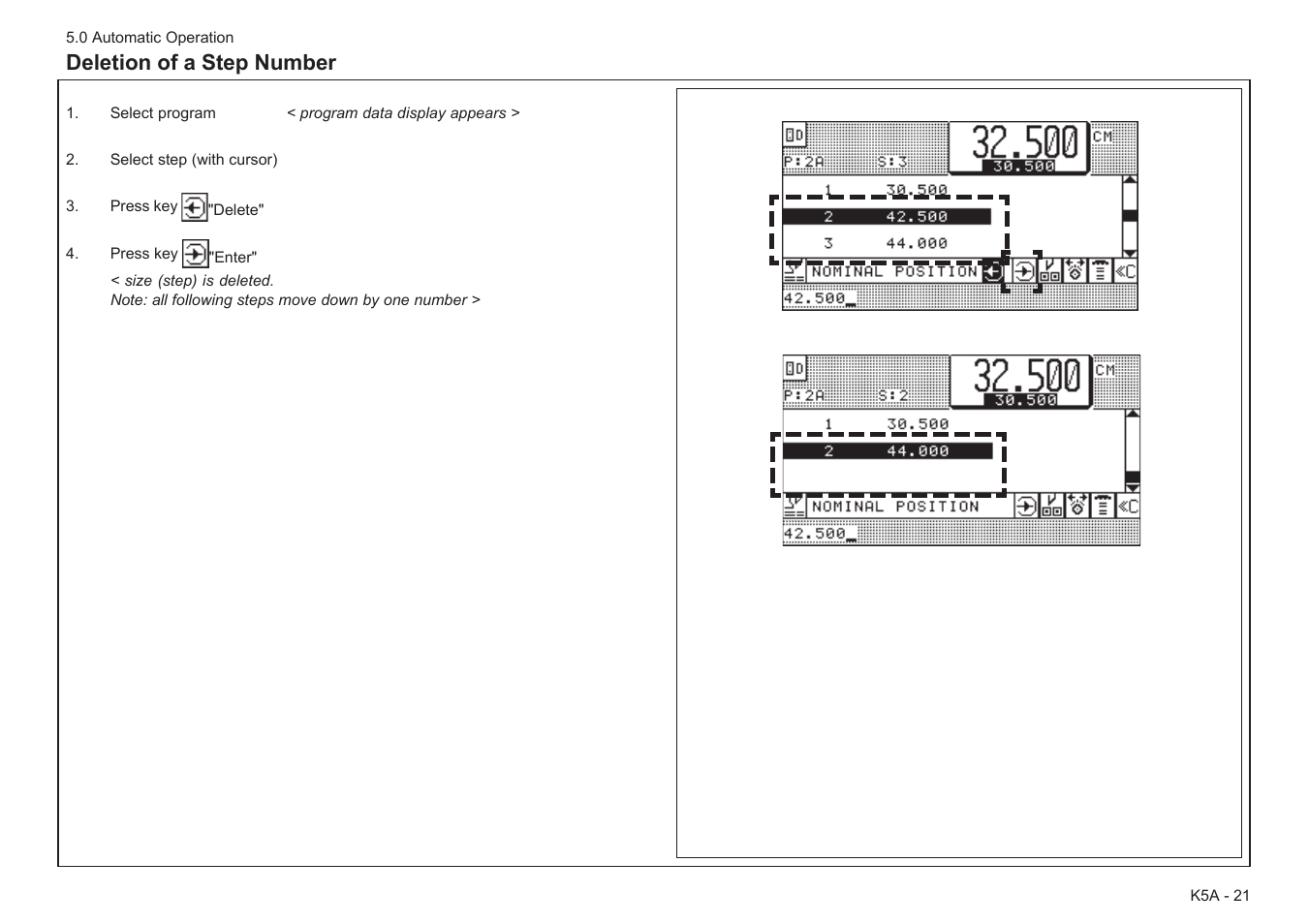 Deletion of a step number | Baumfolder BaumCut 26.4 (For serials 78D1001 thru 78D1100) User Manual | Page 55 / 104