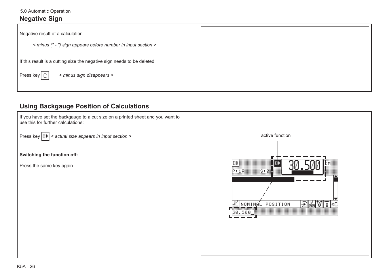 Negative sign, Using backgauge position of calculations | Baumfolder BaumCut 26.4 (For serials 78D1001 thru 78D1100) User Manual | Page 60 / 104
