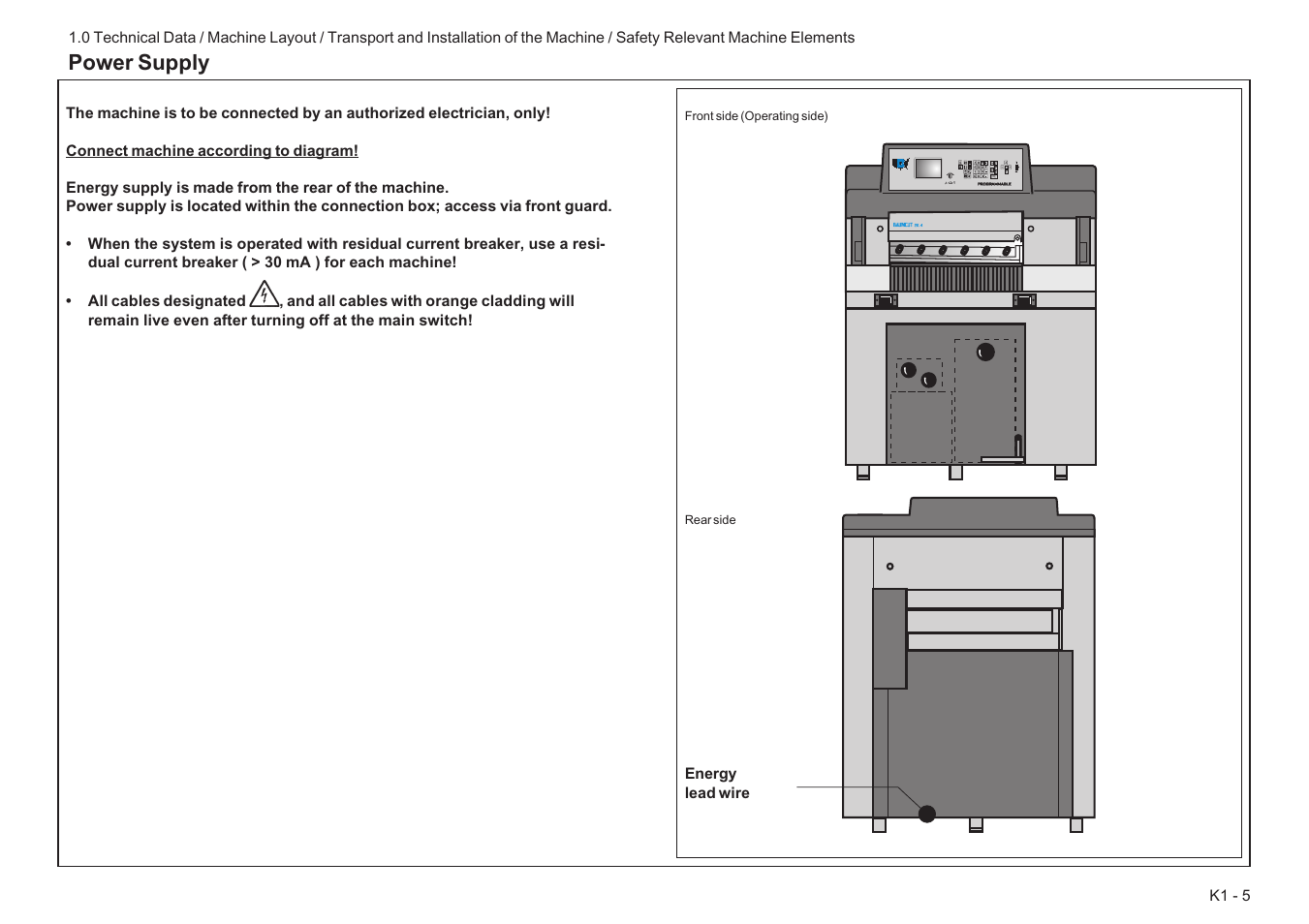 Power supply | Baumfolder BaumCut 26.4 (For serials 78D1101 thru current) User Manual | Page 13 / 104