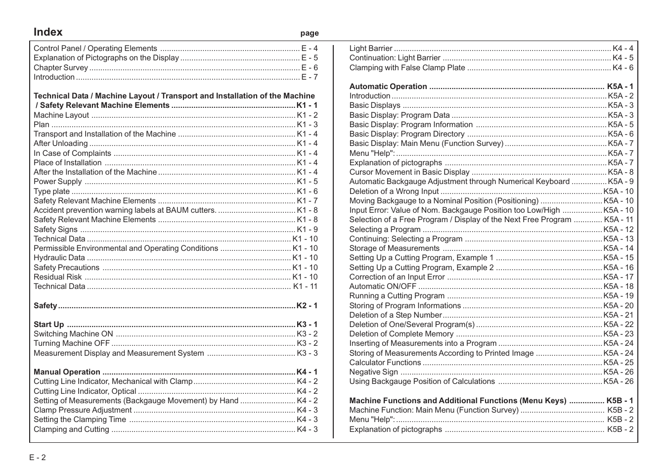 Index | Baumfolder BaumCut 26.4 (For serials 78D1101 thru current) User Manual | Page 2 / 104