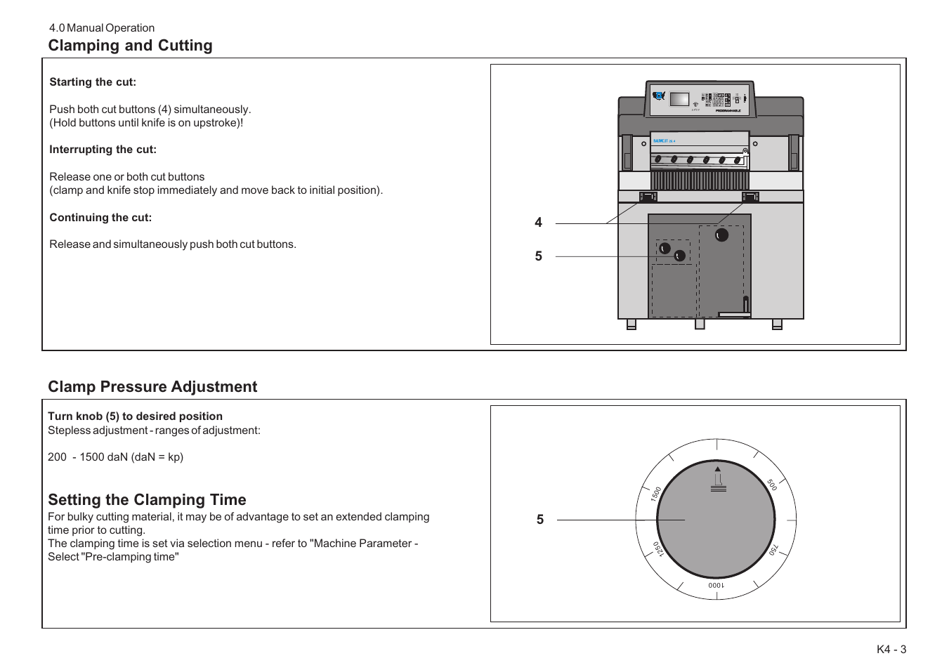 Clamp pressure adjustment, Setting the clamping time, Clamping and cutting | Baumfolder BaumCut 26.4 (For serials 78D1101 thru current) User Manual | Page 31 / 104