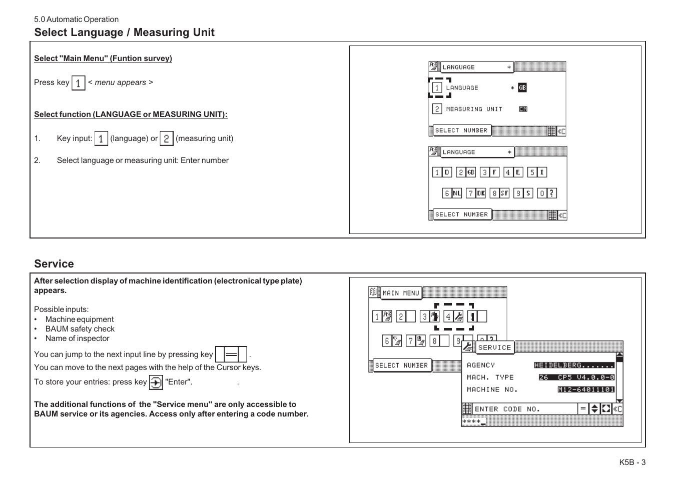 Select language / measuring unit, Service | Baumfolder BaumCut 26.4 (For serials 78D1101 thru current) User Manual | Page 63 / 104