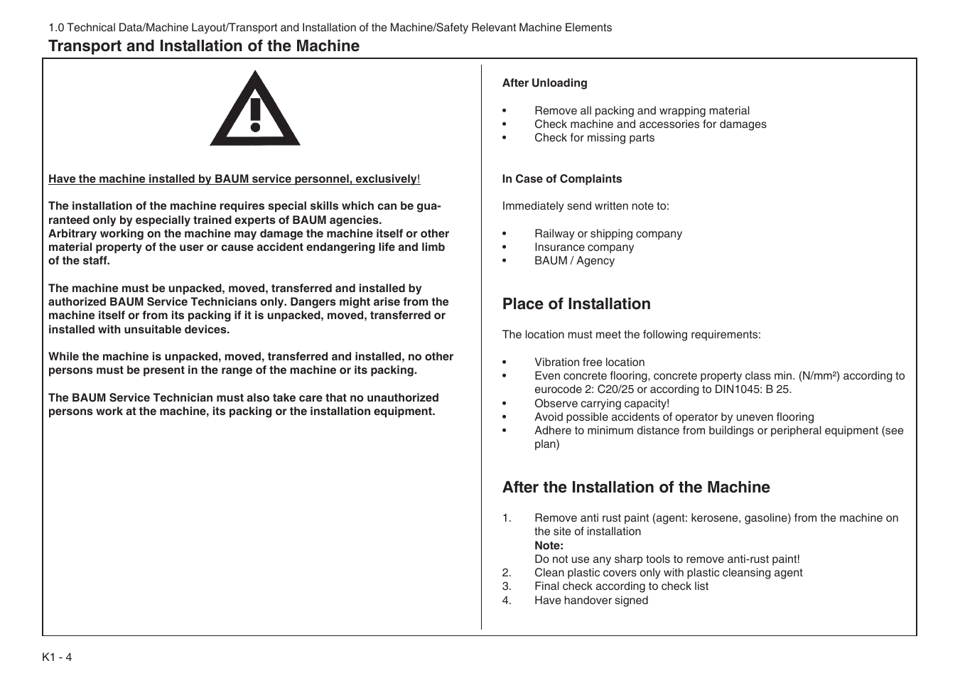 Transport and installation of the machine, Place of installation, After the installation of the machine | Baumfolder BaumCut 31.5 (For serials 76N1101 thru 78N1000) User Manual | Page 12 / 104