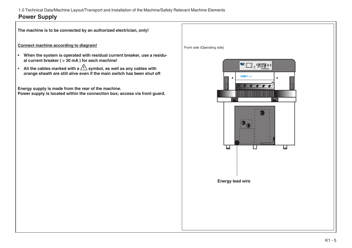 Power supply | Baumfolder BaumCut 31.5 (For serials 76N1101 thru 78N1000) User Manual | Page 13 / 104