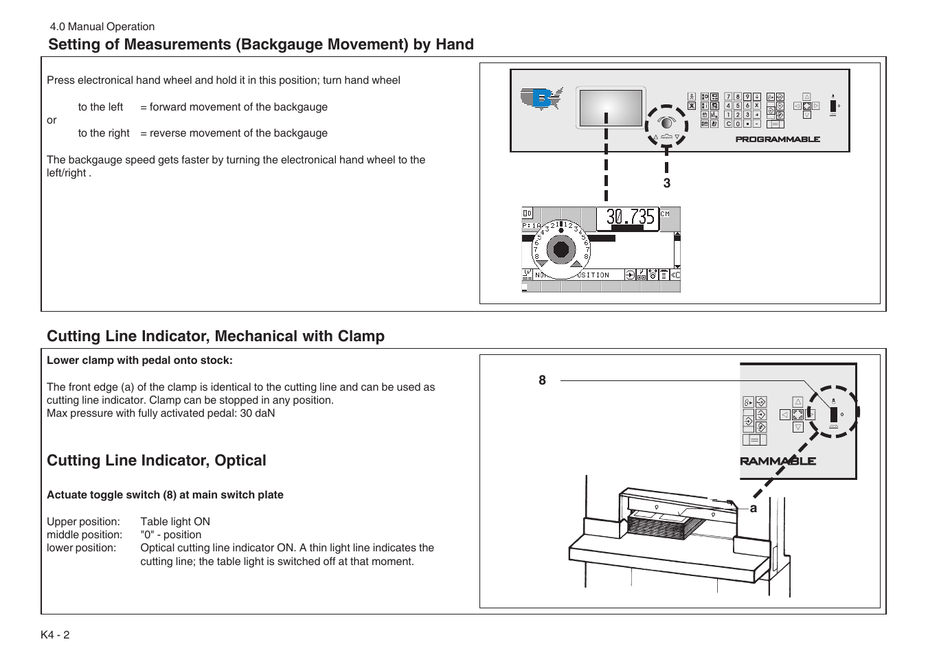 Cutting line indicator, mechanical with clamp, Cutting line indicator, optical, Rammable programmable | Baumfolder BaumCut 31.5 (For serials 76N1101 thru 78N1000) User Manual | Page 30 / 104