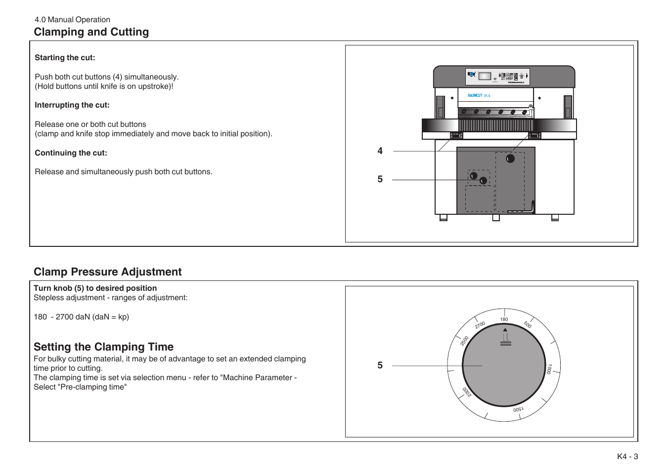 Clamp pressure adjustment, Setting the clamping time, Clamping and cutting | Baumfolder BaumCut 31.5 (For serials 76N1101 thru 78N1000) User Manual | Page 31 / 104