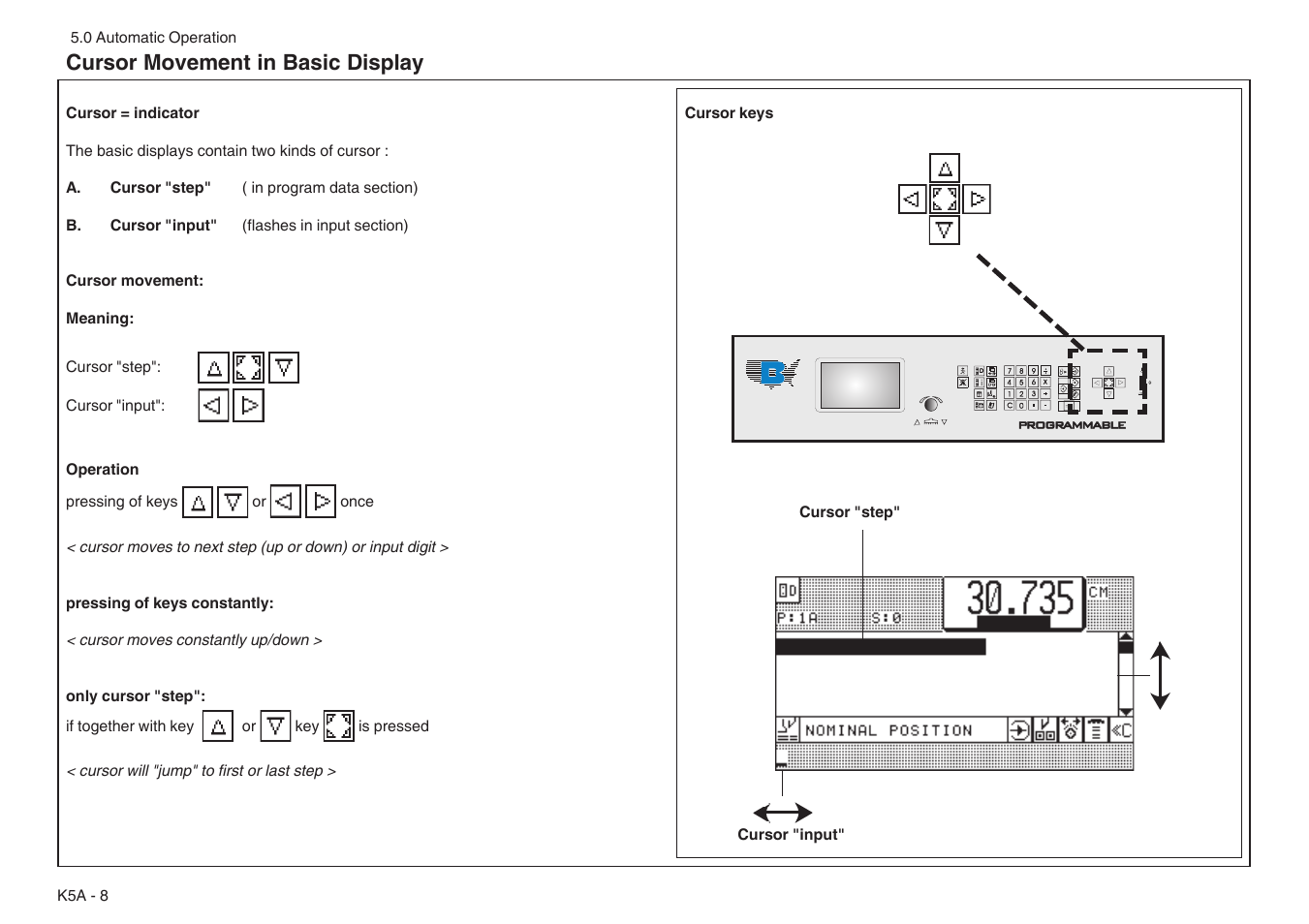 Cursor movement in basic display | Baumfolder BaumCut 31.5 (For serials 76N1101 thru 78N1000) User Manual | Page 42 / 104