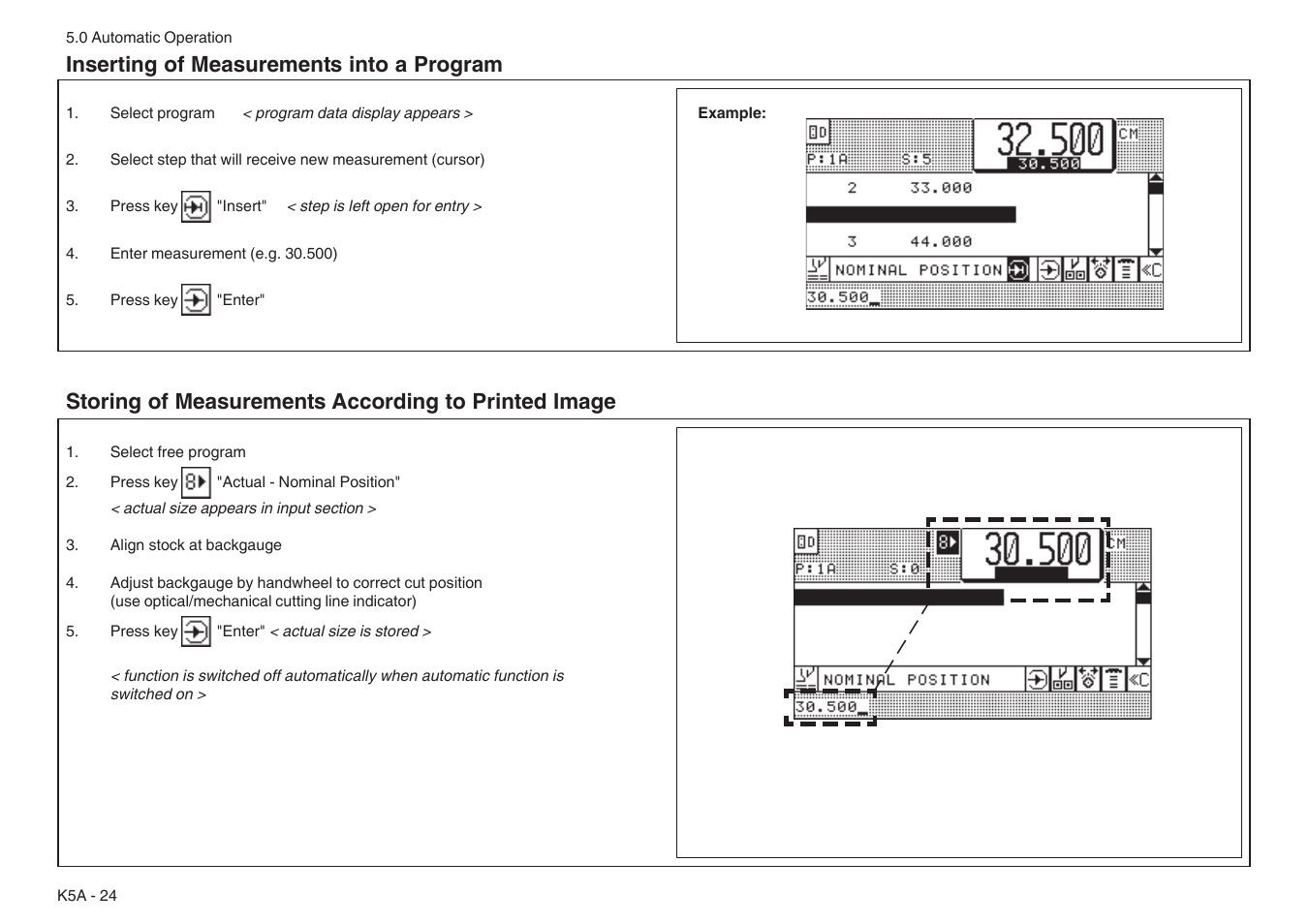 Inserting of measurements into a program, Storing of measurements according to printed image | Baumfolder BaumCut 31.5 (For serials 76N1101 thru 78N1000) User Manual | Page 58 / 104