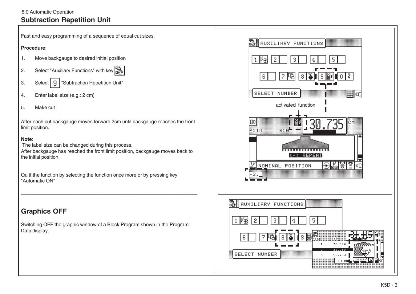 Subtraction repetition unit, Graphics off | Baumfolder BaumCut 31.5 (For serials 76N1101 thru 78N1000) User Manual | Page 85 / 104