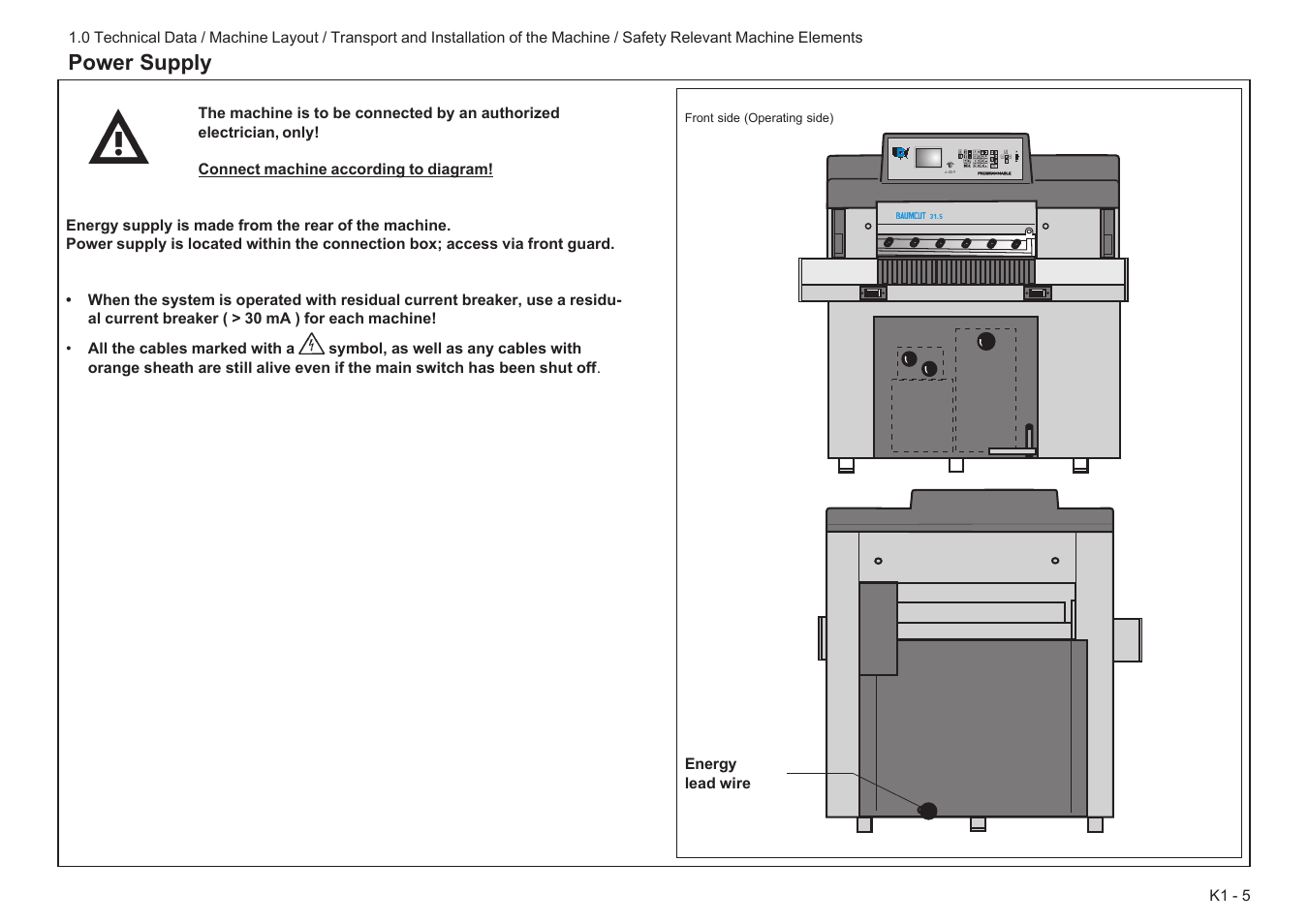 Power supply | Baumfolder BaumCut 31.5 (For serials 78N1001 thru 700N100) User Manual | Page 13 / 104