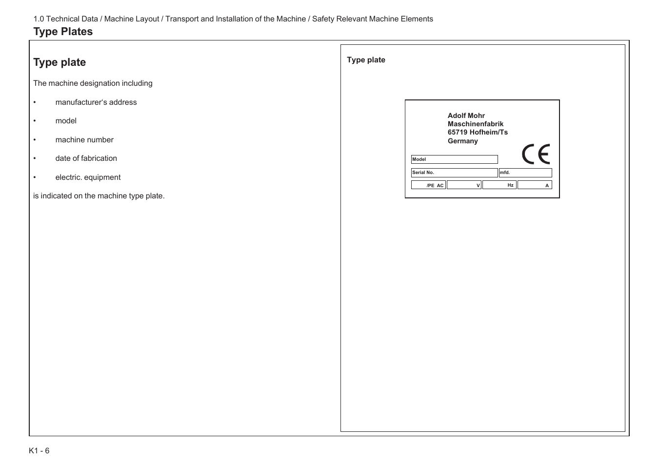 Type plate, Type plates | Baumfolder BaumCut 31.5 (For serials 78N1001 thru 700N100) User Manual | Page 14 / 104