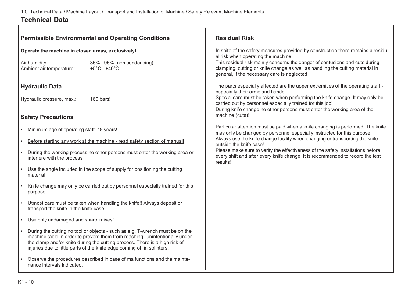 Technical data | Baumfolder BaumCut 31.5 (For serials 78N1001 thru 700N100) User Manual | Page 18 / 104
