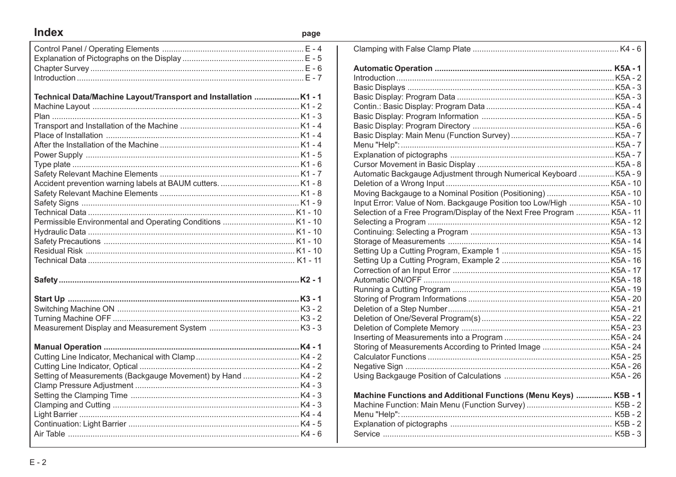 Index | Baumfolder BaumCut 31.5 (For serials 78N1001 thru 700N100) User Manual | Page 2 / 104