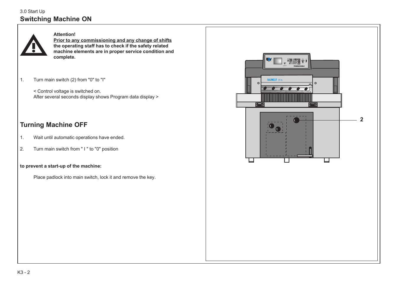 Switching machine on, Turning machine off | Baumfolder BaumCut 31.5 (For serials 78N1001 thru 700N100) User Manual | Page 26 / 104