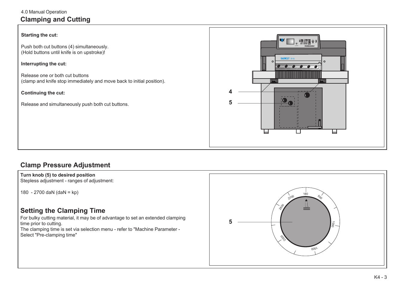 Clamp pressure adjustment, Setting the clamping time, Clamping and cutting | Baumfolder BaumCut 31.5 (For serials 78N1001 thru 700N100) User Manual | Page 31 / 104