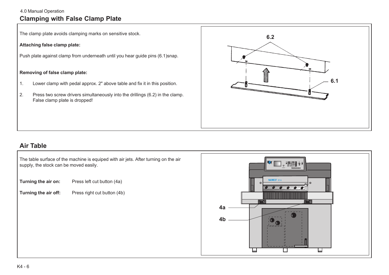 Clamping with false clamp plate, Air table | Baumfolder BaumCut 31.5 (For serials 78N1001 thru 700N100) User Manual | Page 34 / 104