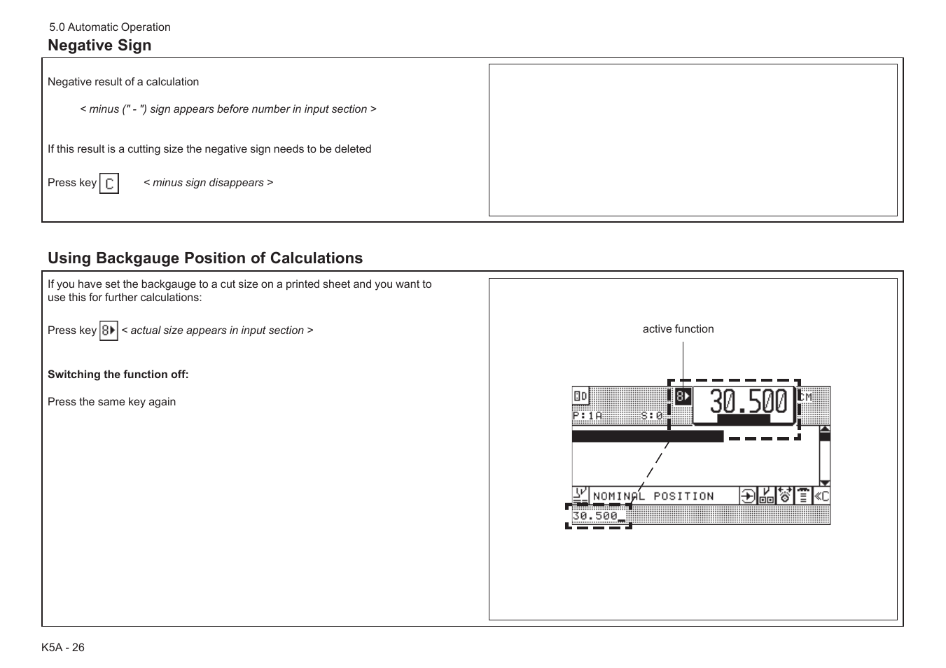 Negative sign, Using backgauge position of calculations | Baumfolder BaumCut 31.5 (For serials 78N1001 thru 700N100) User Manual | Page 60 / 104