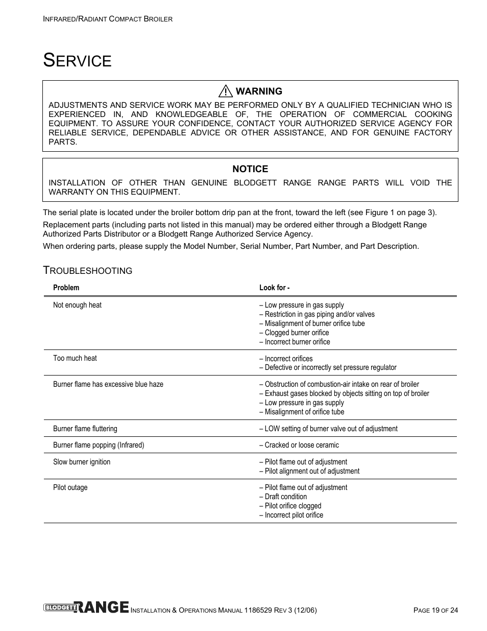 Ervice | Blodgett B48-RAD User Manual | Page 19 / 24