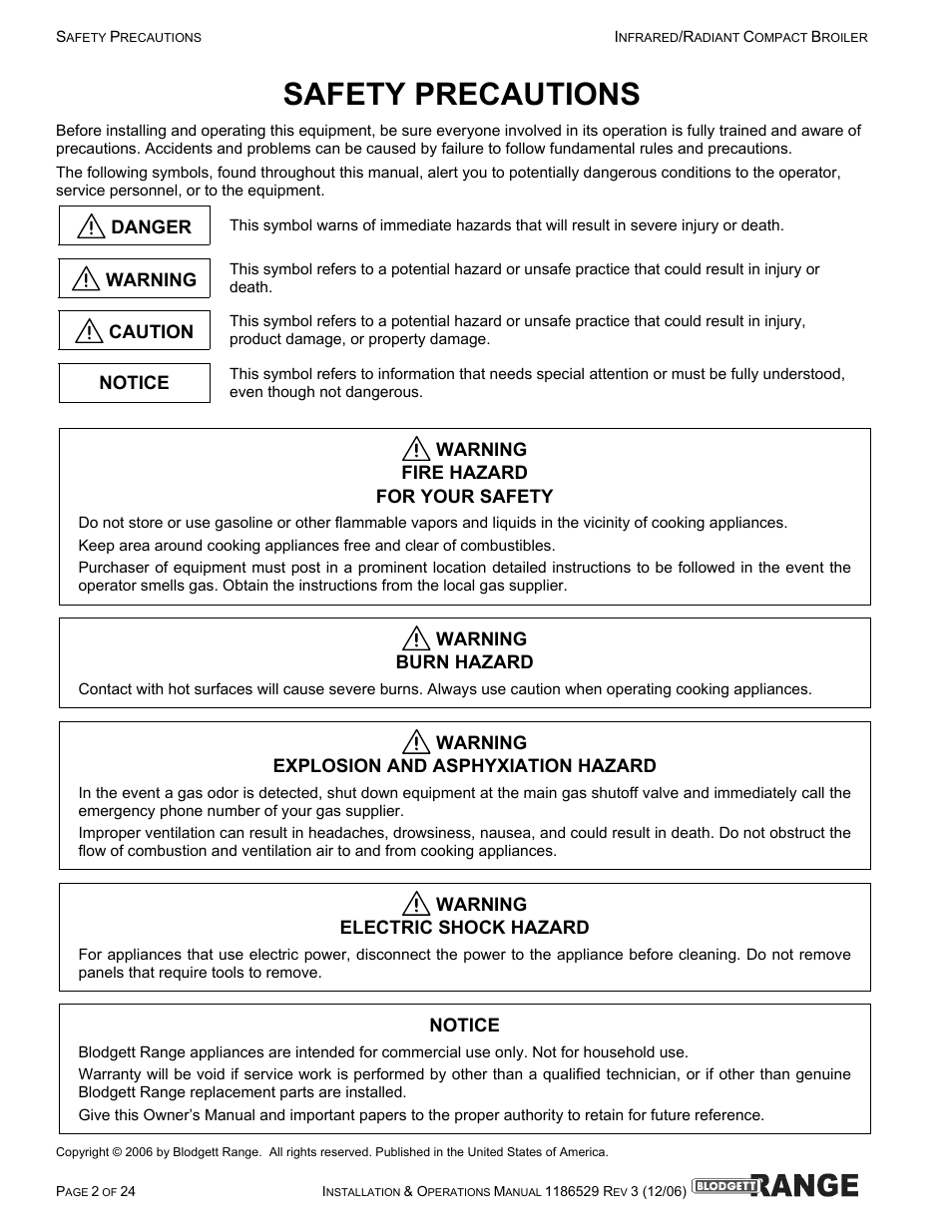 Safety precautions | Blodgett B48-RAD User Manual | Page 2 / 24