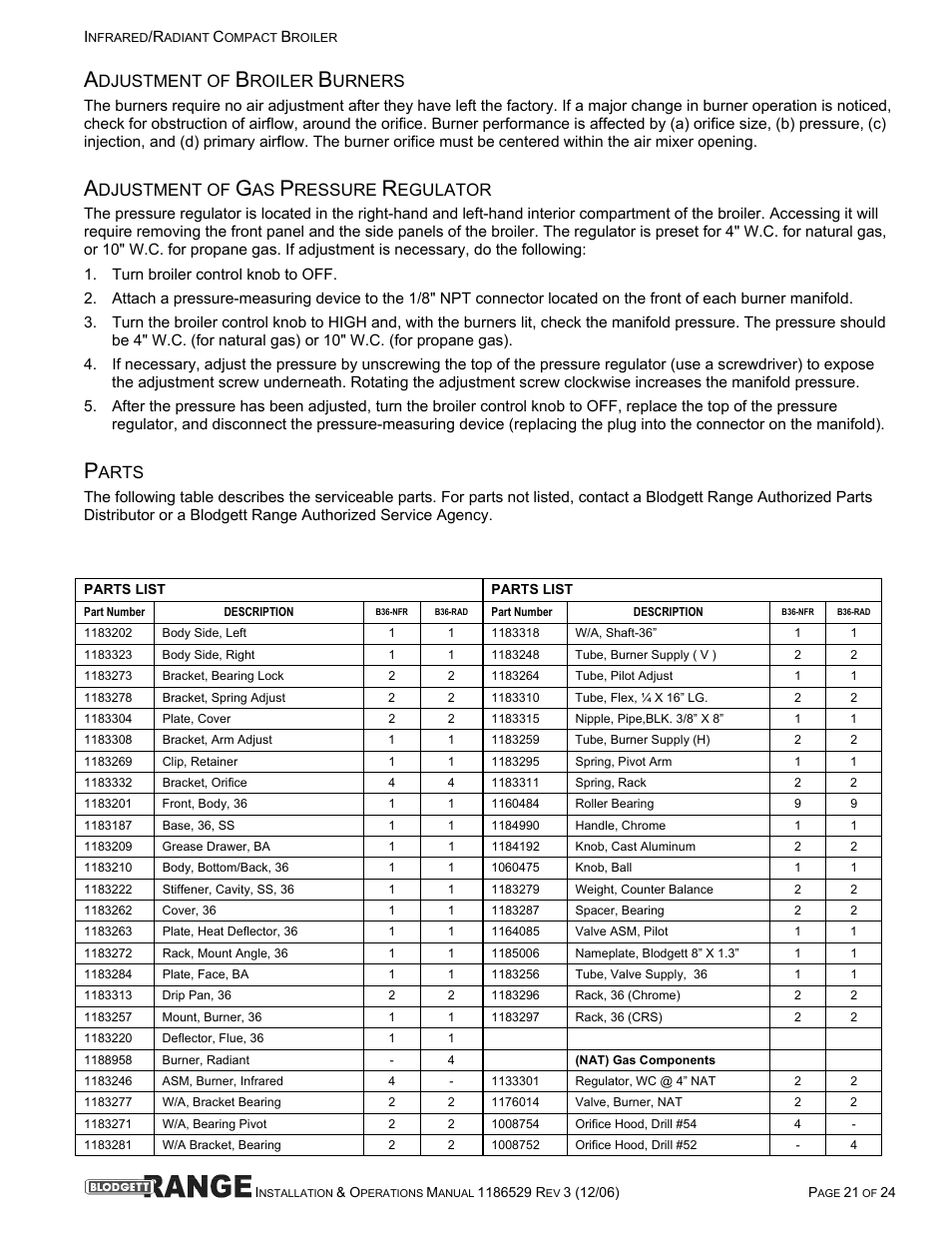 Djustment of, Roiler, Urners | Ressure, Egulator, Arts | Blodgett B48-RAD User Manual | Page 21 / 24