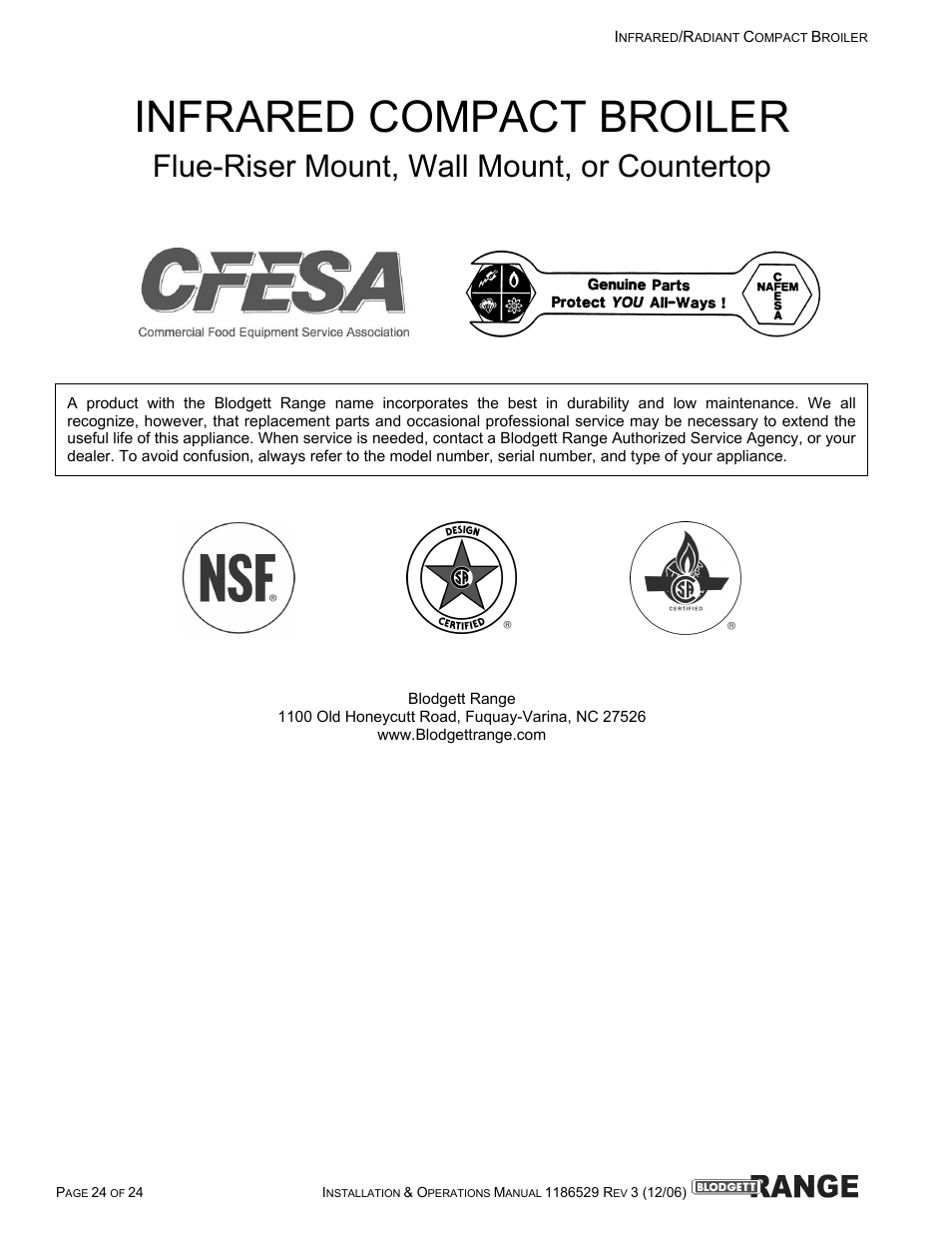 Infrared compact broiler, Flue-riser mount, wall mount, or countertop | Blodgett B48-RAD User Manual | Page 24 / 24