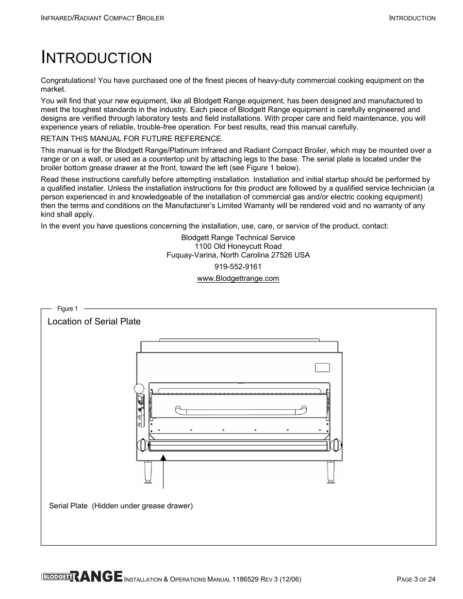 Ntroduction, Location of serial plate | Blodgett B48-RAD User Manual | Page 3 / 24