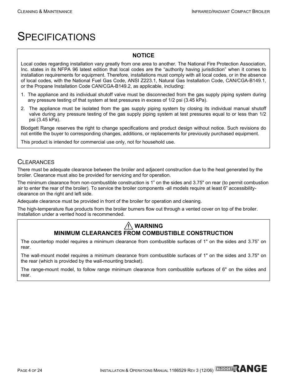 Pecifications | Blodgett B48-RAD User Manual | Page 4 / 24