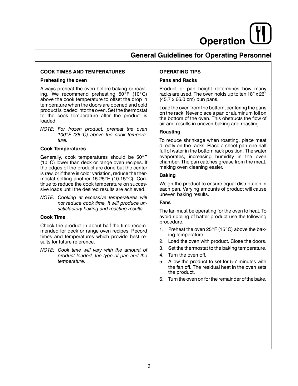 Operation, General guidelines for operating personnel | Blodgett SHO-E User Manual | Page 13 / 17