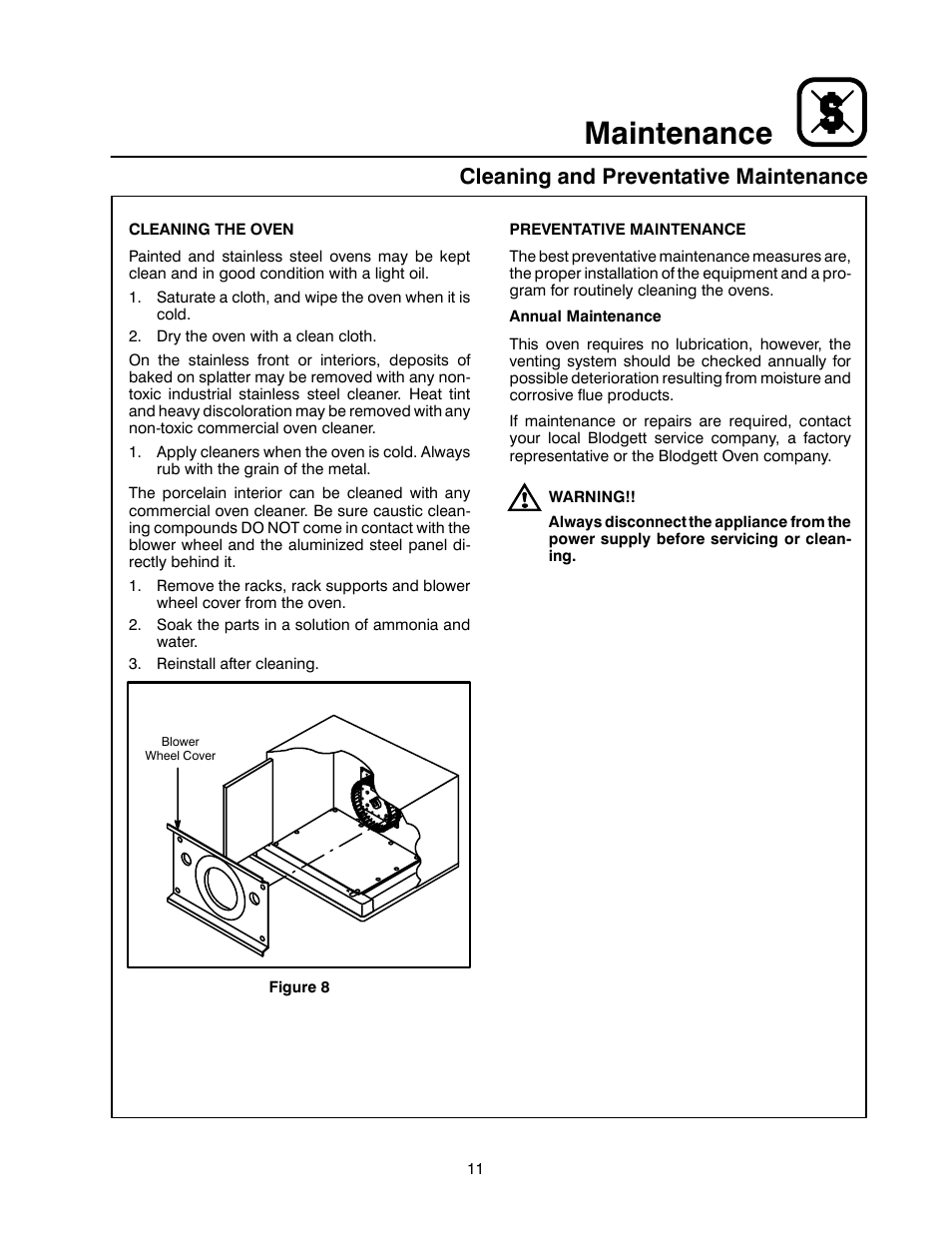 Maintenance, Cleaning and preventative maintenance | Blodgett SHO-E User Manual | Page 15 / 17